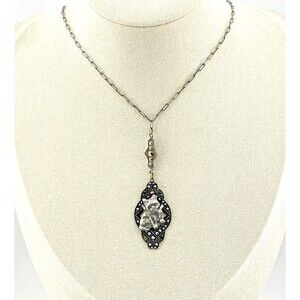 Art Deco Marcasite Cat Necklace Sterling Silver Lavalier Y Necklace 16 Inch